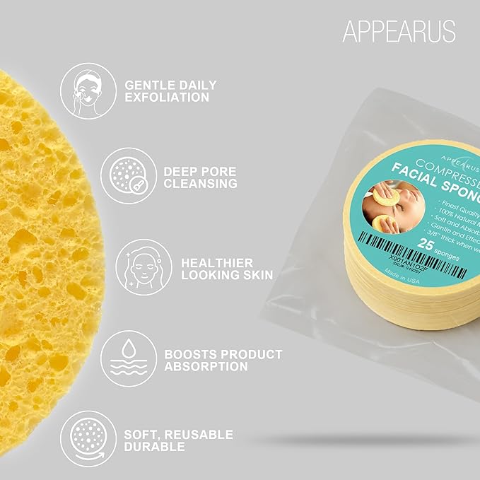 Appearus Compressed Natural Cellulose Facial Sponges 25 Count Yellow