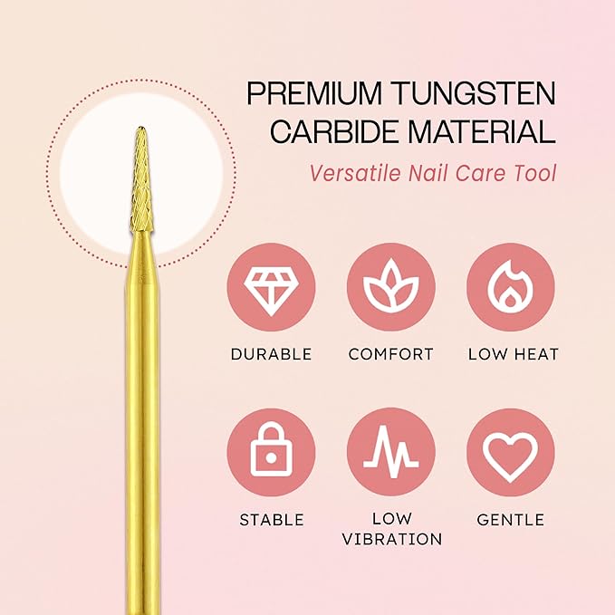 PANA 3/32" Carbide Cuticle Nail Drill Bit for Cuticle Cleaning, Dead Skin Removal, Gel Polish & Acrylic Removal, Under Nail Cleaner, Nail Salon, Manicure Tools (Sharp Point - Gold, Medium)