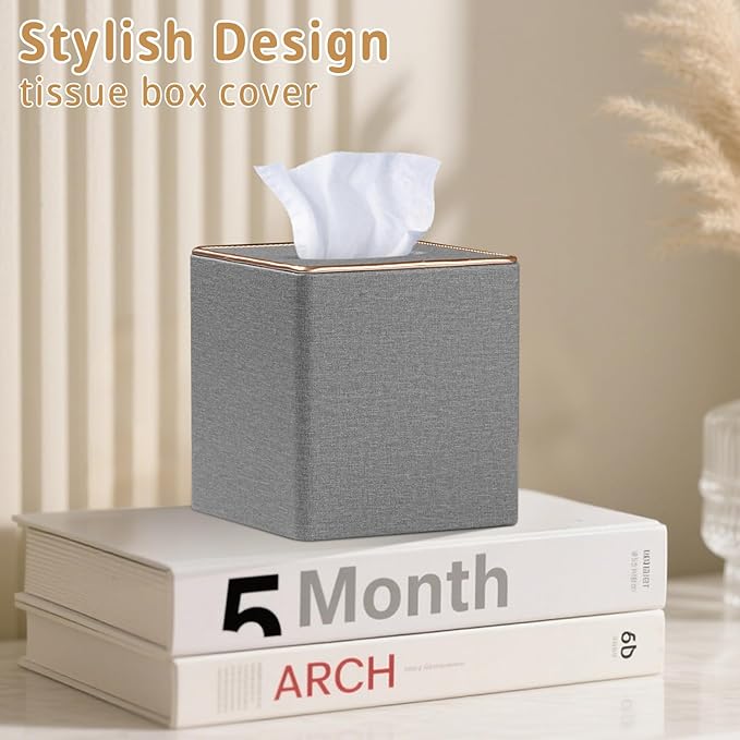 Leather Tissue Box Cover Square,Decorative Cube Tissue Box Holder with Magnetic Bottom,Facial Paper Organizer Table Napkin Case Dispenser for Bathroom NightStand Coffee Car Home Office,Grey