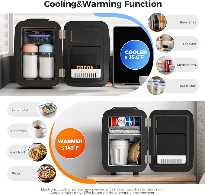 YASHE Mini Fridge, 4 Liter/6 Can Mini Makeup Fridge, 110V AC/ 12V DC Portable Thermoelectric Cooler&Warmer for Skincare, Drink, Cosmetic, Medicine, Small fridge for Bedroom, Office, Dorm, Car, Black