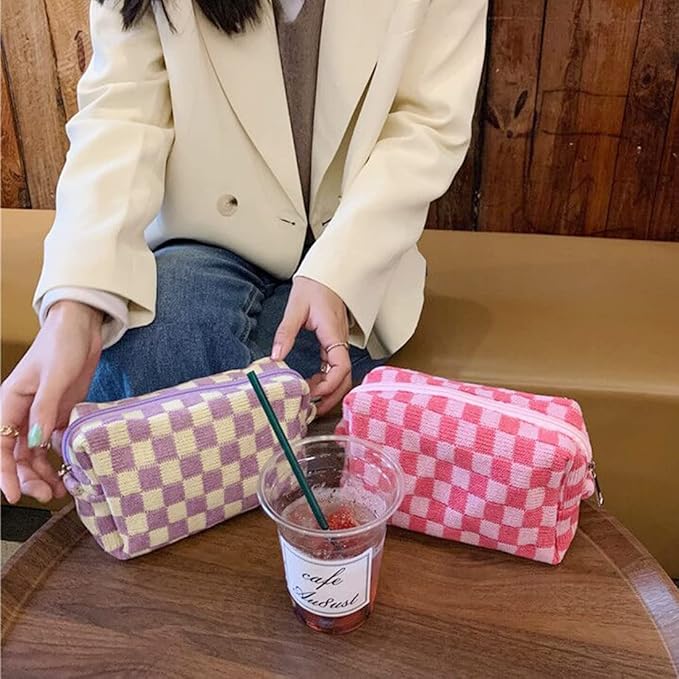SxoSyo 2 Pcs Checkered Makeup Bags, Make up Brushes Pouches, Purple