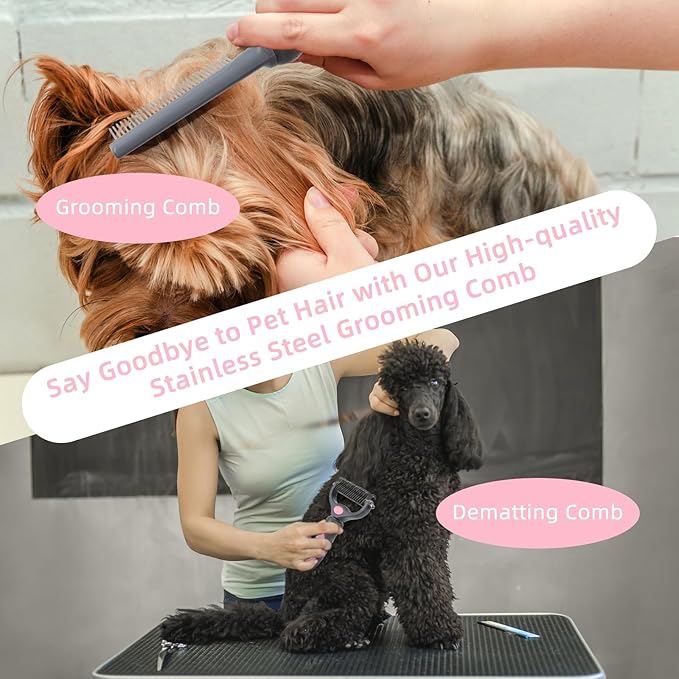 Wisedog Pet Grooming Kit - Nail Clipper Set, Dematting & Hair Removal Combs, Bath Brush, Mitts (Upgraded Pink)