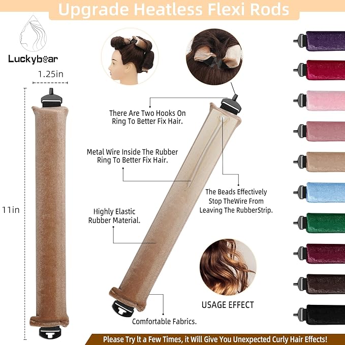 Overnight Heatless Hair Curler Rods Jumbo, Heatless Curls Satin Jumbo Flexi Rods to Sleep in,Soft Heatless Rod for All Hair Types,No Heat Overnight Sleeping Curls Styling Tools 3pcs Khaki
