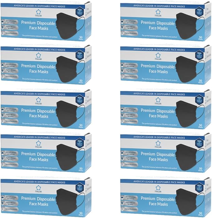 Litepak 500pcs Premium Disposable Face Mask SOFT 3ply Nose Wire - Black
