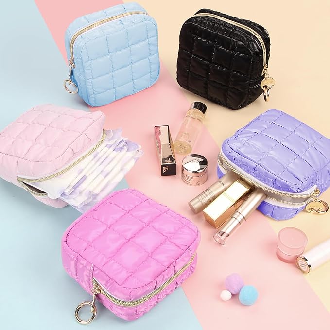Playexen 4.9" Puffy Small Makeup Bag, Cute Quilted Cosmetic Bag for Purse, Mini Travel Toiletry Organize Pouches for Women, Birthday/Wedding/Christmas Gifts (Pink)