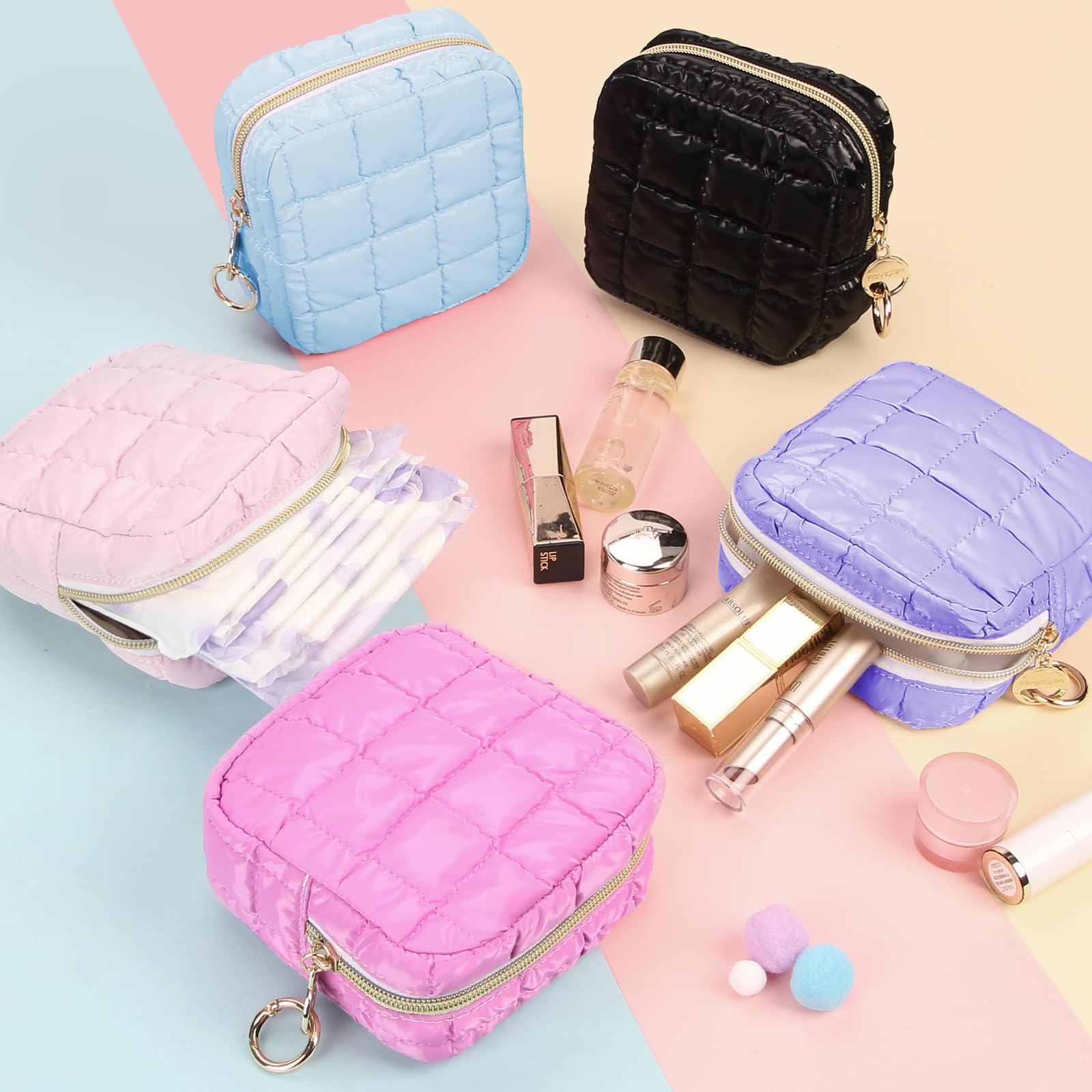 Playexen 4.9" Puffy Small Makeup Bag, Cute Quilted Cosmetic Bag for Purse, Mini Travel Toiletry Organize Pouches for Women, Birthday/Wedding/Christmas Gifts (Blue)