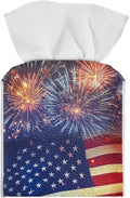 Firework American Flag Tissue Box Holder Square PU Leather Tissue Organizer Case with Metal Button Waterproof Napkin Holder for Home Office Car Automotive Decor