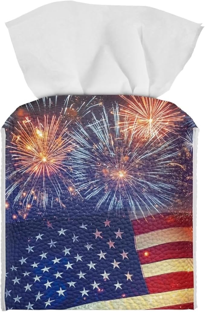 Firework American Flag Tissue Box Holder Square PU Leather Tissue Organizer Case with Metal Button Waterproof Napkin Holder for Home Office Car Automotive Decor