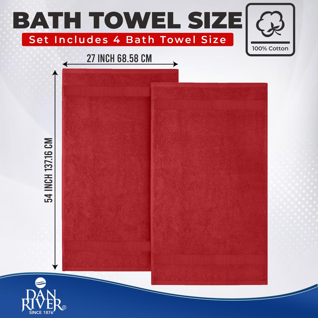 DAN RIVER 600 GSM Cotton Large Bath Towels Set of 4, 27 x 54 Inches, Red