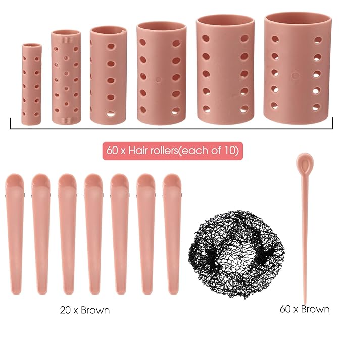 WILLBOND 141 Pcs Hair Rollers Set Include Plastic Hair Rollers with Pins and Clips (Brown)