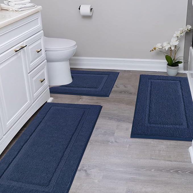 SHACOS Navy Blue Bathroom Rugs Sets 3 Piece Bath Mat U Shaped Toilet Rug