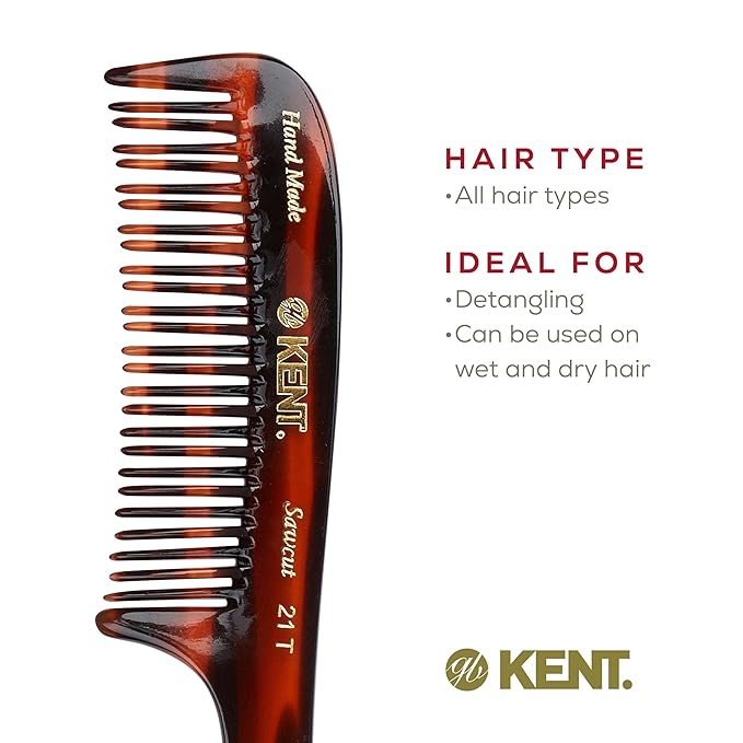 Kent 21T 8 Inch Large Detangling Comb, Wide Teeth for Thick Curly Wavy Hair. Long Hair Detangler Comb For Wet and Dry. Handmade of Quality Cellulose, Saw-Cut Hand Polished, Made in England
