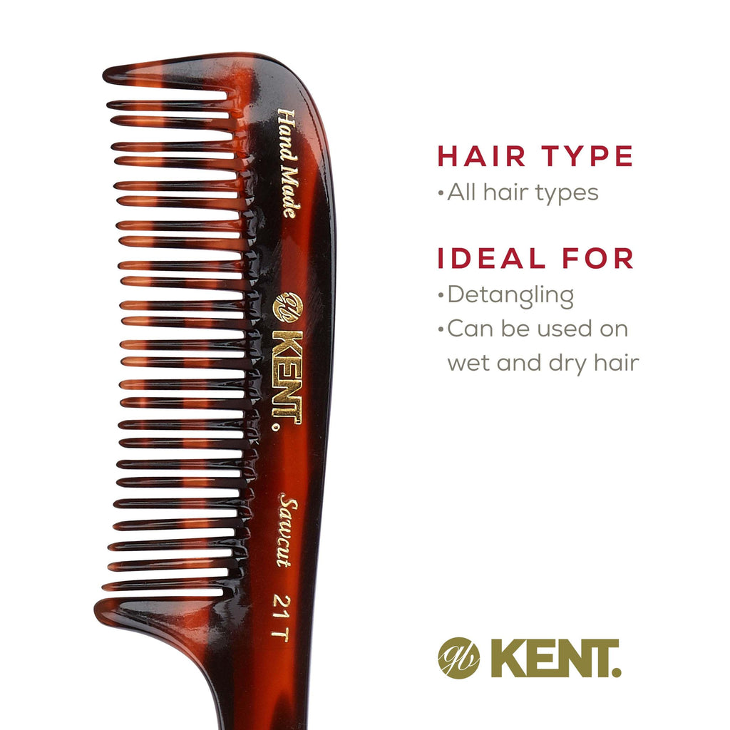 Kent 21T Tortoiseshell Large Detangling Comb, Wide Teeth for Thick Curly Wavy Hair. Long Hair Detangler Comb For Wet and Dry. Handmade of Quality Cellulose, Saw-Cut Hand Polished, Made in England