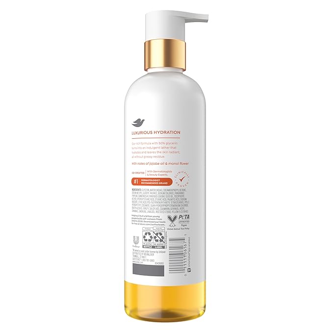 Dove Serum+ Shower Oil Body Wash Radiance, Jojoba & Monoi Flower, 15.3 fl oz I Hydrating shower oil body wash with glycerin serum for soft, radiant skin without greasy residue.