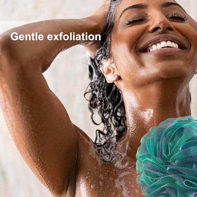 SHOWER BOUQUET 2-Sided Back-Loofah-with-Handle & 2 Bath Sponge Puff Set