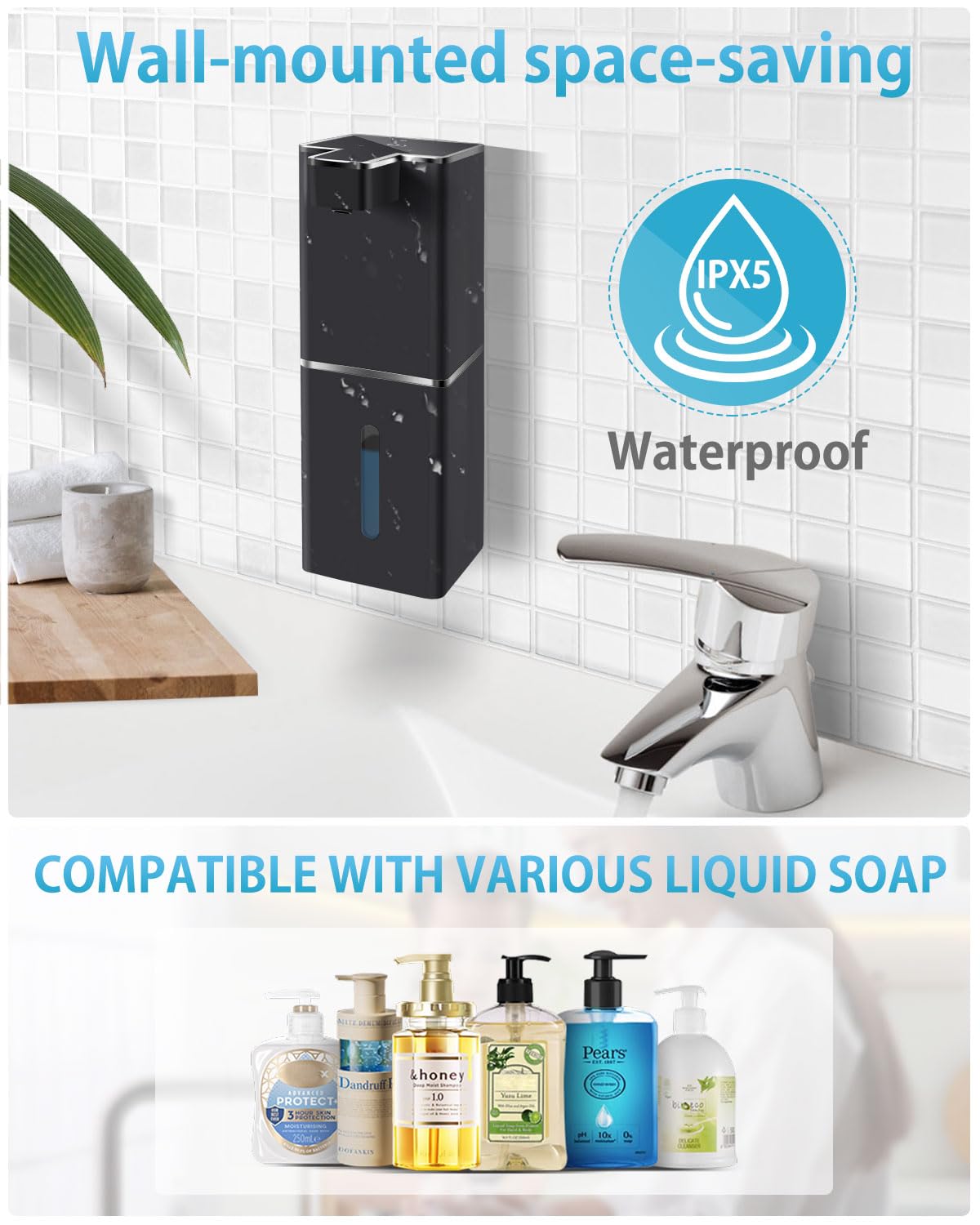 JEMISUN Automatic Liquid Soap Dispenser Touchless Soap Dispenser 380ml/12.8oz Rechargeable, Wall Mounted,4 Levels Adjustable Auto Soap Pump for Bathroom Kitchen Dish Soap