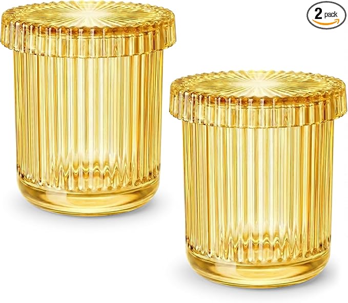 2 Pack Qtip Holder - Apothecary Jars with Lids, Bathroom Organizers and Storage Canister for Cotton Balls,Swabs,Floss Picks,Hair Ties,Clear Glass Vintage Bathroom Decor Jar Set (yellow)