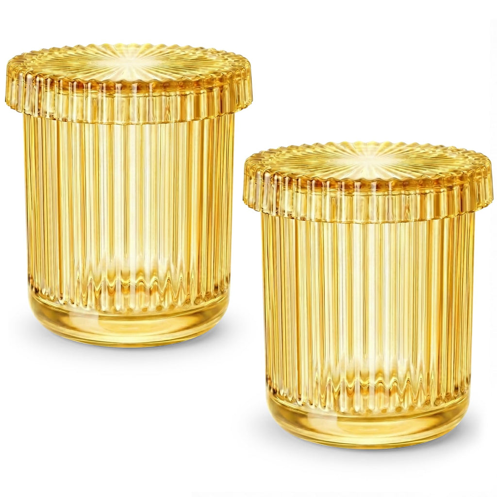 MKOSAB 2 Pack Qtip Holder - Apothecary Jars with Lids, Bathroom Organizers and Storage Canister for Cotton Balls,Swabs,Floss Picks,Hair Ties,Clear Glass Vintage Bathroom Decor Jar Set (yellow)