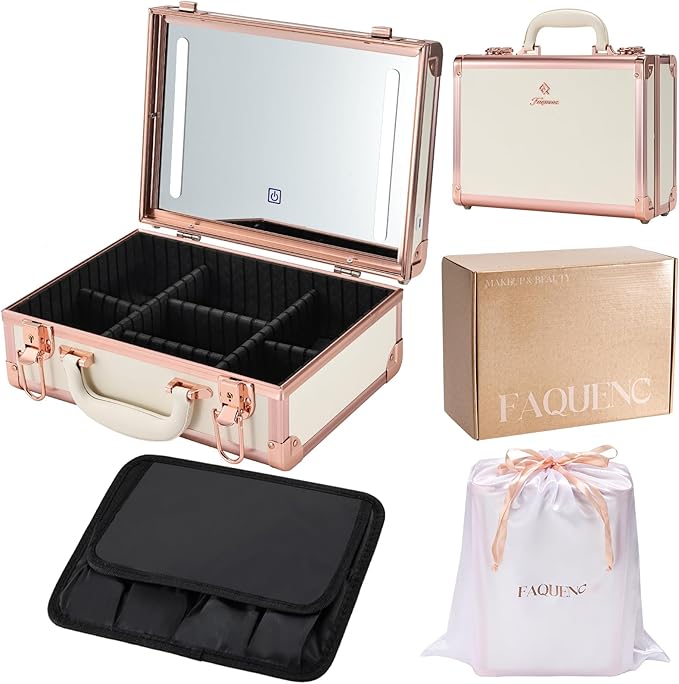 Faquenc Makeup Train Cases with Light Up Mirror 3 Color Setting, Lighted Makeup Case Organizer with Detachable Tray, Travel Makeup Box with Light for Make up Tools Storage (White & Gold)