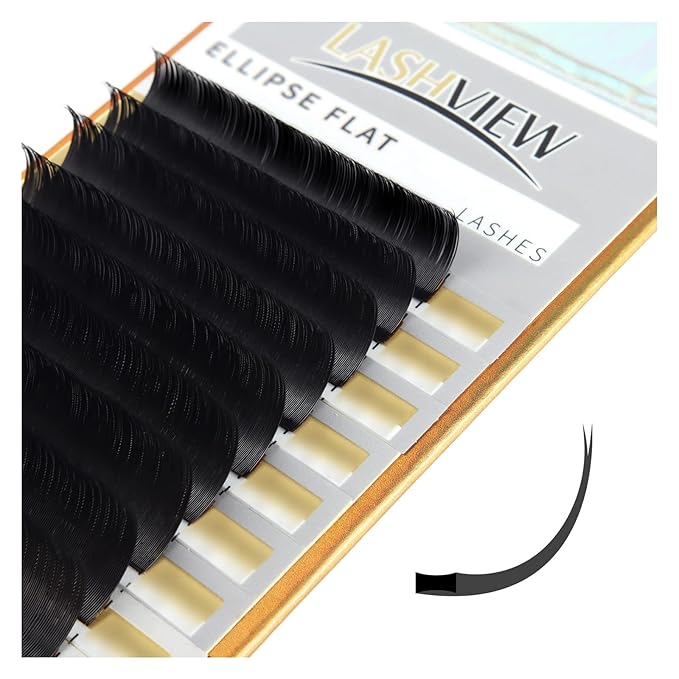 LASHVIEW Eyelash Extensions,Ellipse Flat Eyelash Extensions 0.20mm C Curl 10mm, Black,Individual Lashes,Semi-Permanent Extremely Soft Professional Salon Use