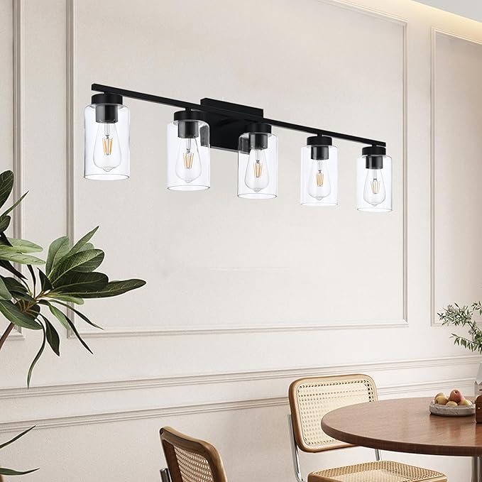 A1A9 5 Light Bathroom Vanity Light Fixtures, Matte Black Modern Wall Lights with Clear Glass Shade, Vintage Wall Sconce Lighting for Living Room, Mirror, Bedroom, Hallway (Black, 5-Lights)
