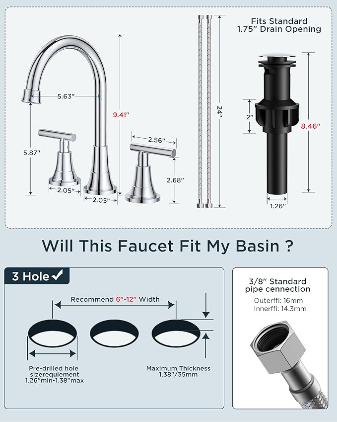 FORIOUS Chrome Bathroom Faucet Vanity 3 Holes, 8 Inch Widespread Polished Chrome Faucet for Bathroom Sink 3 Piece with Pop-up Drain and 360 Degree Swivel Spout, Silver Rv Lavatory Tap