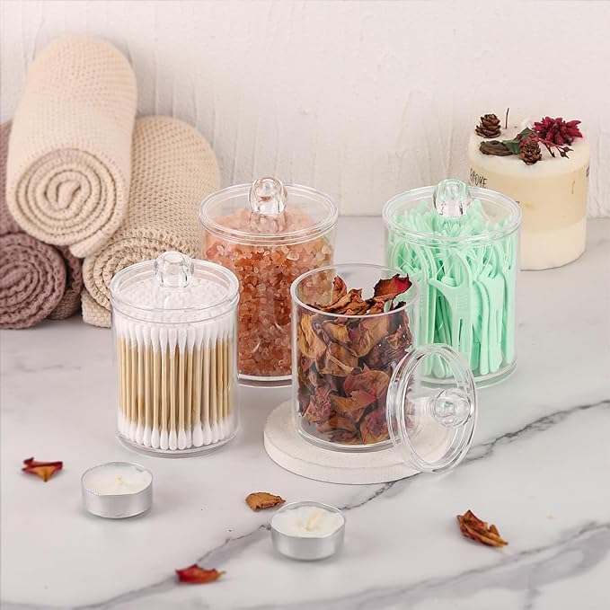 DIYOHFE 3PCS Acrylic Qtip Dispensers Holders With Clear lid, Clear Bathroom Round Countertop Storage Organizer Canister for Cotton Balls,Swabs,Pads,Bath Salts , Makeup Sponges,Tooth Floss