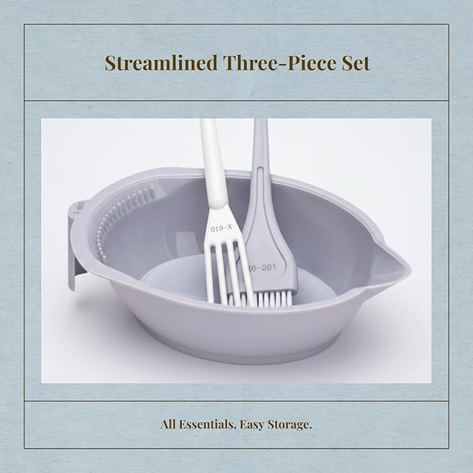 3-Piece Hair Dye Coloring Kit with Mixing Bowl, Brush, and Stirrer, Grey, for Home and Salon Use
