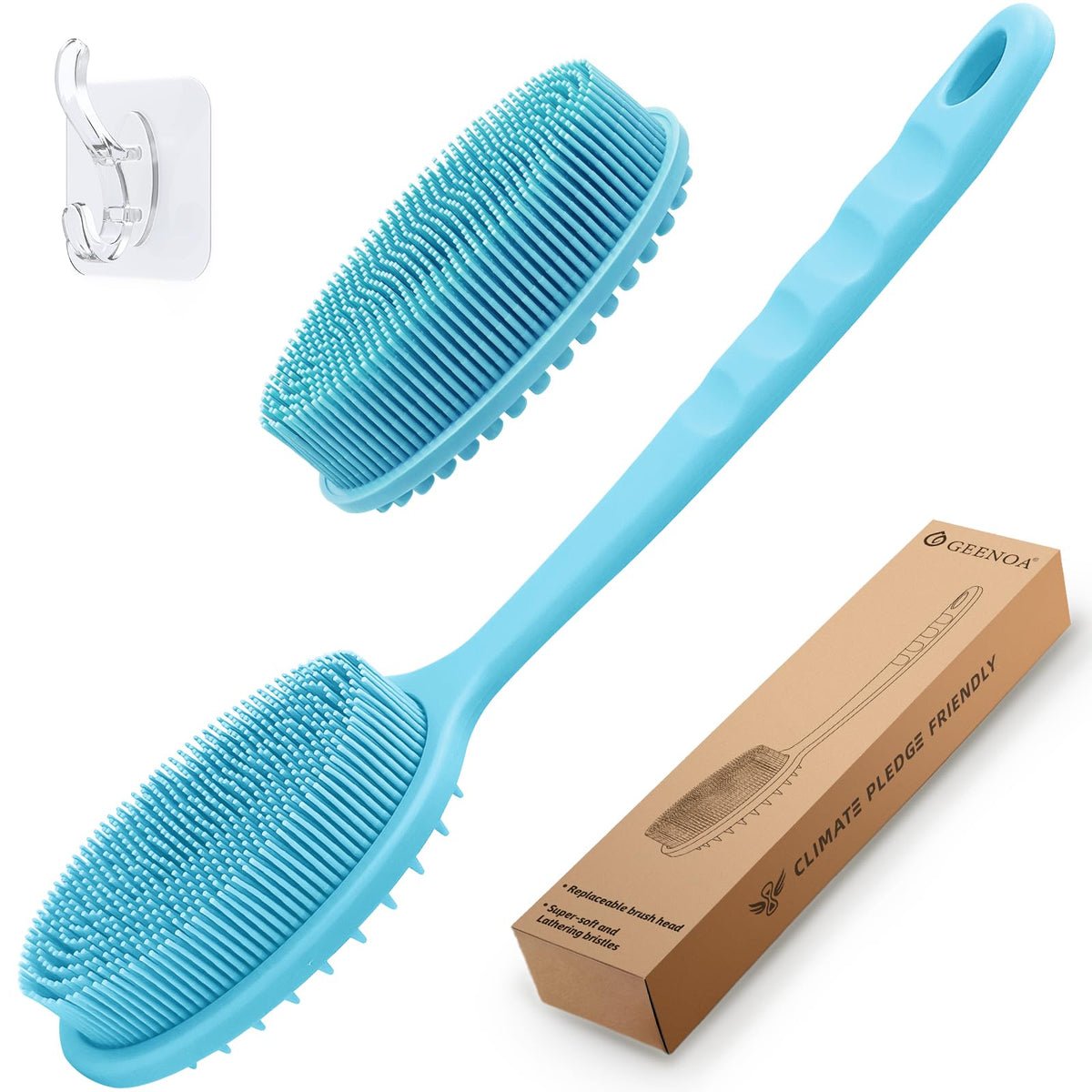 GEENOA Silicone Back Washer for Shower, Gentle Exfoliating Body & Back Scrubber with Handle, Silicone Loofah with Two Dual-Side & Replaceable Brush Heads(Green-Two Heads)