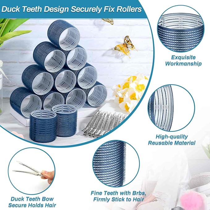 Jumbo Hair Curlers Set - 24 Large Rollers with 12 Rollers and 12 Clips for Long, Thick Volume (Blue)