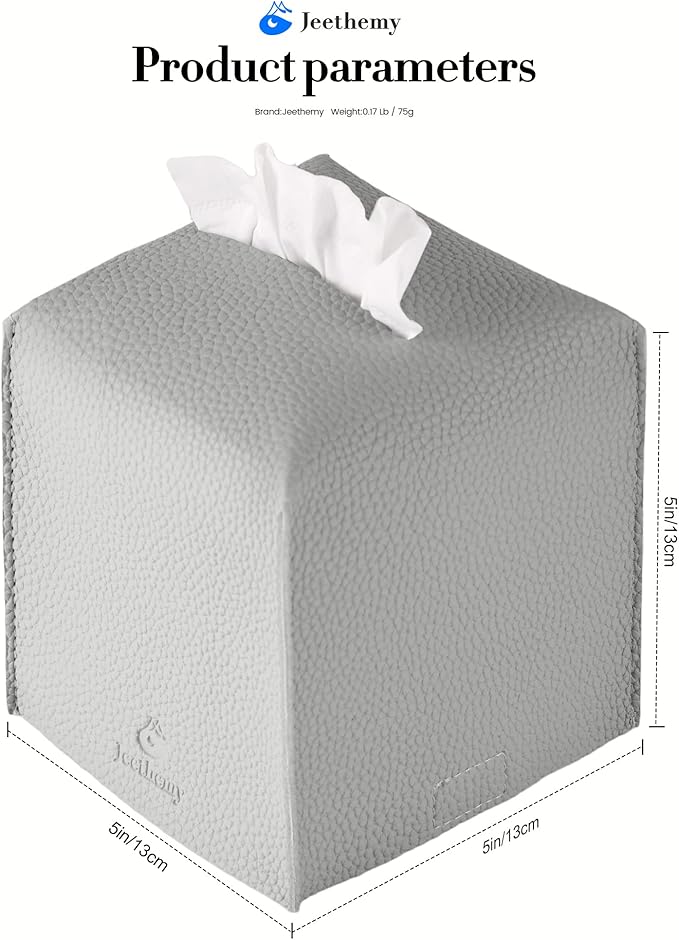 Tissue Box Cover, Jeethemy Square PU Leather Tissue Box Holder, Modern Tissue Case Facial Paper Organizer Dispenser，5X5X5'',Single Light Grey