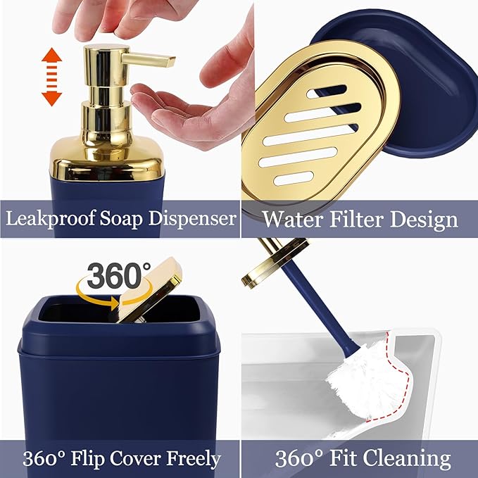 XLHOMO Bathroom Set, 9PC Bathroom Accessory Set, Blue Bathroom Accessories, Blue Bathroom Set, Trash Can, Soap Dispenser for Home Decor