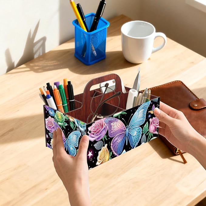JZHYOAN DIY Flower Diamond Art Wooden Multi-Compartment Organiser Box with Handle Diamond Painting Cosmetic Storage Box for Adult Portable Wooden Storage Case for Storing Desktop Items