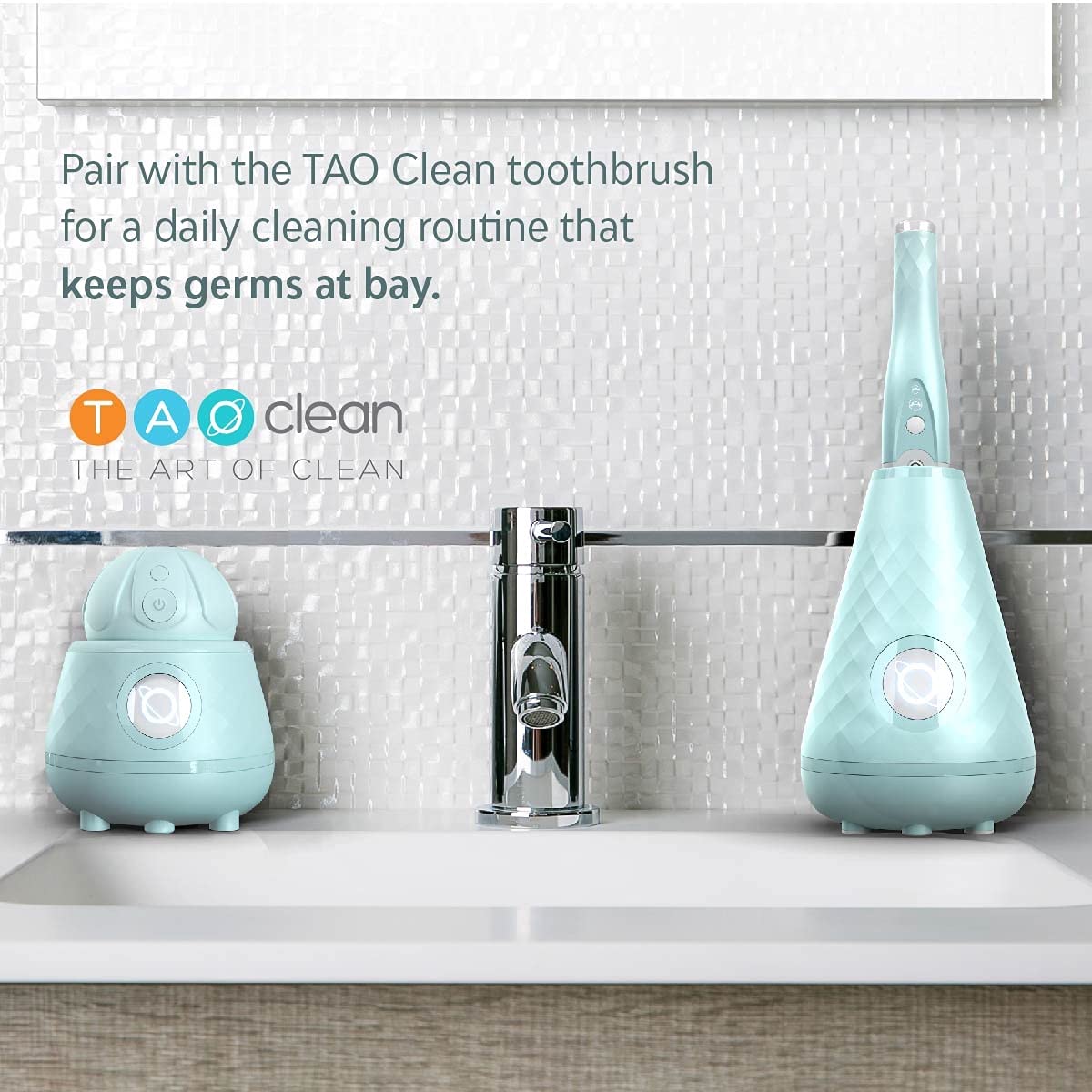 Tao Clean Ona Diamond Orbital Facial Brush and Cleansing Station – Robin's Egg Blue – Electric Face Cleansing Brush with Ergonomic Handle, Dual Speed Settings, 2 Piece Set, (BA-0201-RBE-US)