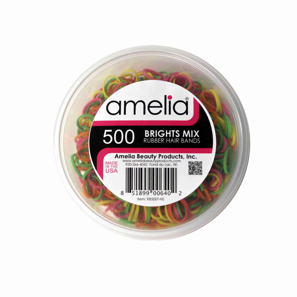 Amelia Beauty 500 Count Small Rubber Bands for Hair – ½" Brights Mix - Made in USA - Recloseable Container - Mini Hair Elastics for Braids, Ponytails, Cornrows & Twists – Strong Hold Ponytail Holders
