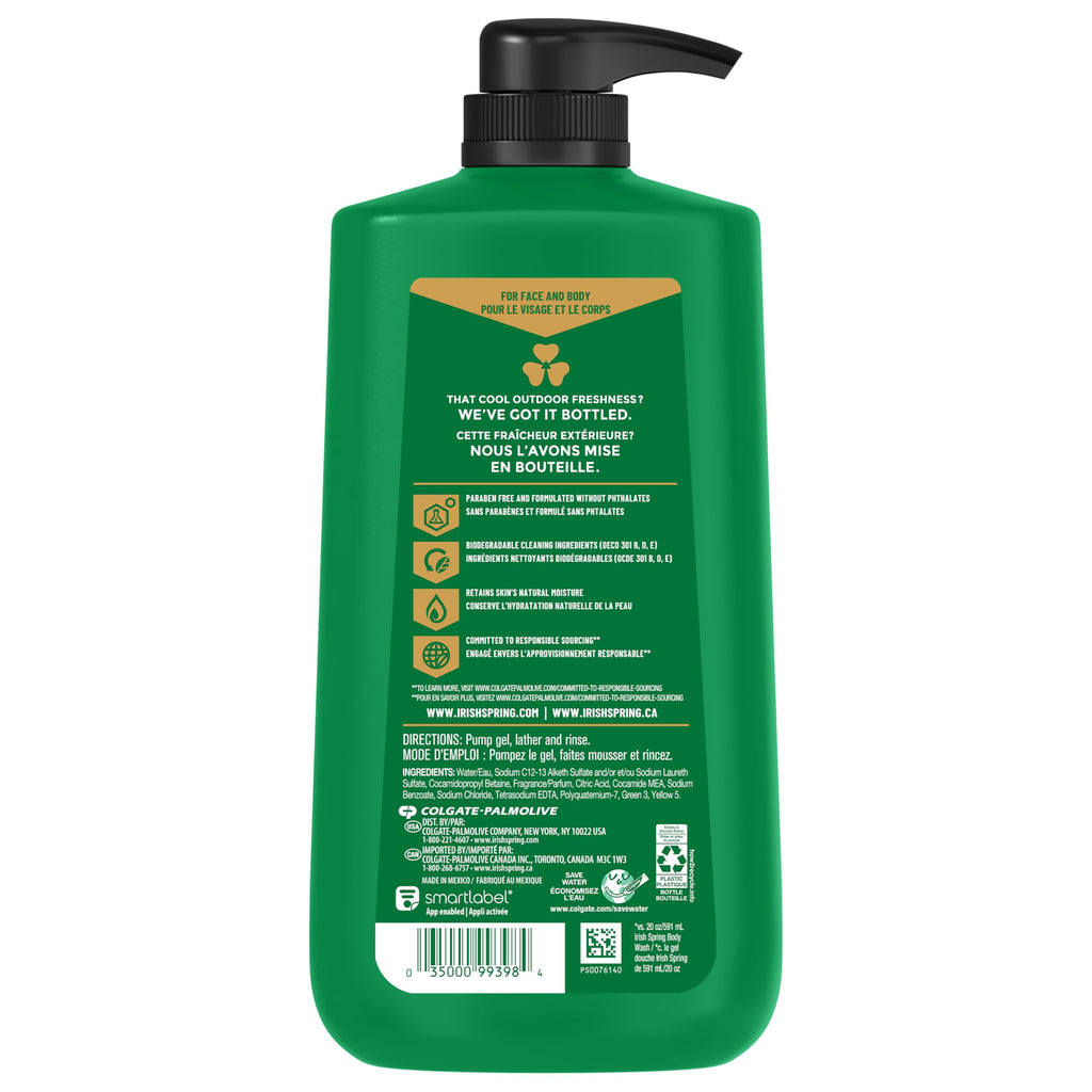 Irish Spring Body Wash for Men, 24 HR Fresh, For Face and Body, Paraben Free, Original Scent, 30 fl oz