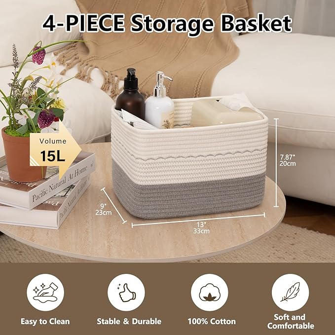 4 Pack Storage Baskets for Organizing, 13"X9"X7.87", Decorative Cotton Rope Baskets for Shelves, Small Woven Basket for Toys, Books and Towels, Grey & White