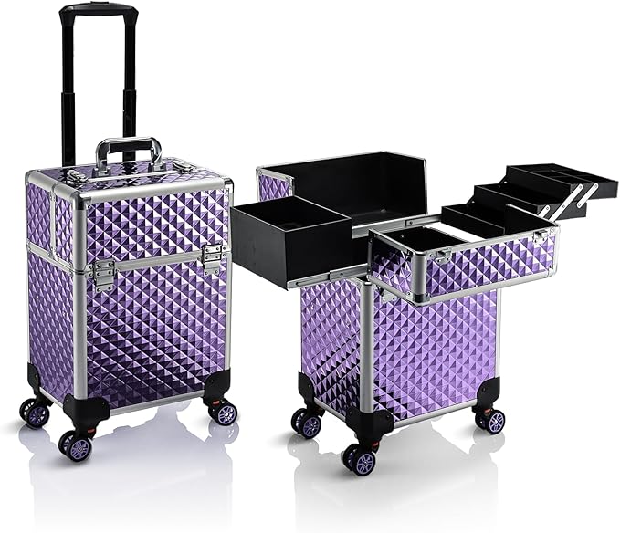 Stagiant Rolling Makeup Train Case Cosmetology Case on Wheels Travel Cosmetic Suitcase Trolley Makeup Luggage Storage Box 4 Tray with Lock Middle Layer Salon Nail Tech Cart Traveling Tattoo Case