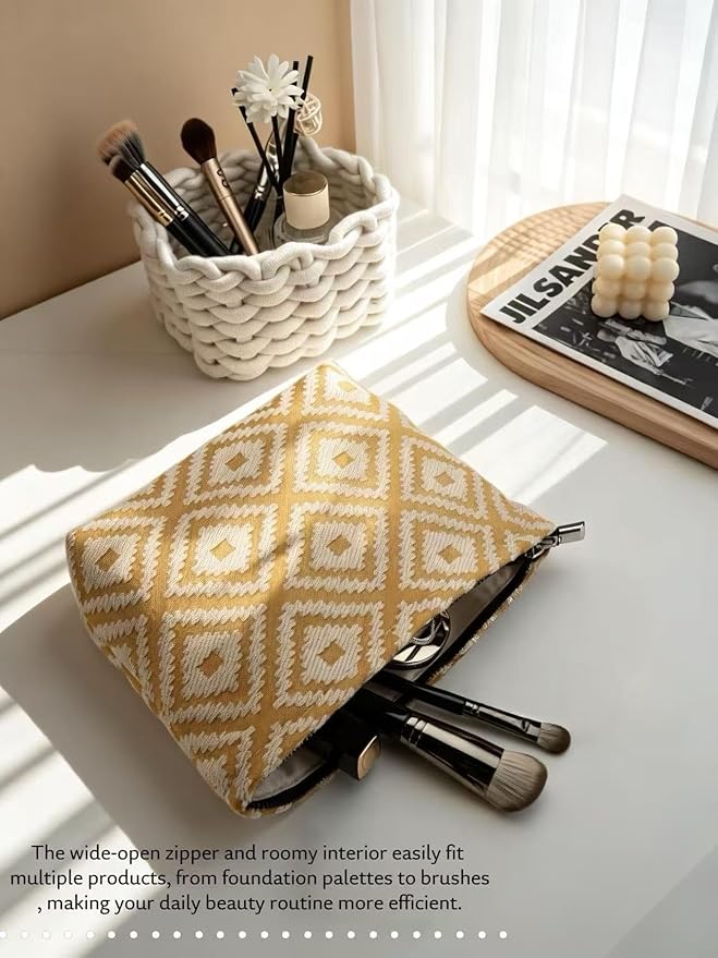 RIKMOXR Parallel Checkered Embroidery Yellow Makeup Bag for Women Girls - Large Capacity Cosmetic Pouch | Travel Toiletry Bag & Purse Organizer