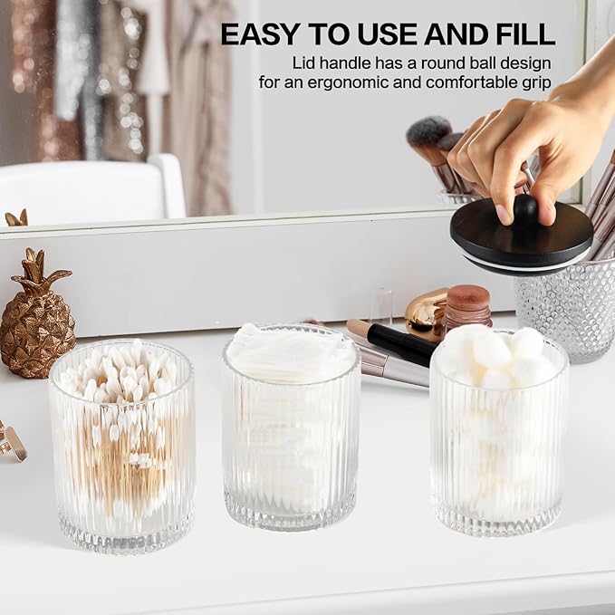 3 Pack Qtip Holder Bathroom Set,Cotton Pad Ball Swab Holder Cotton Round Floss Pick Dispenser with Tray,Glass Apothecary Jars with Black Lids,Bathroom Organizers and Storage Canisters