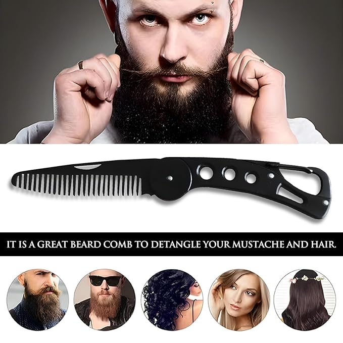 Kootinn Stainless Steel Folding Beard Comb - Portable Multifunction Anti Static Comb with Leather Cover for Men Grooming, Combing Hair, and Mustache Styling