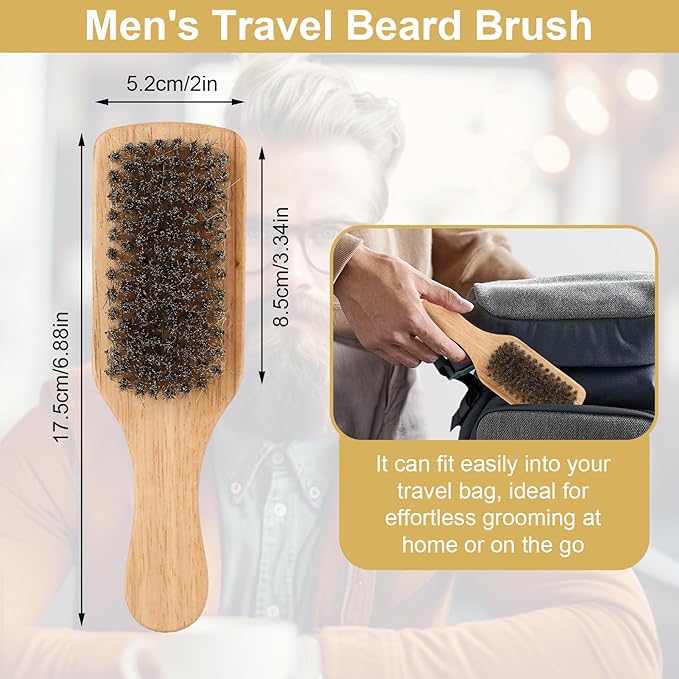 Brrnoo Double Sided Beard Brush, Imitation Bristle with Rubber Wood Handle for Men, Mustache Brush, Beard Grooming Tool - Brown