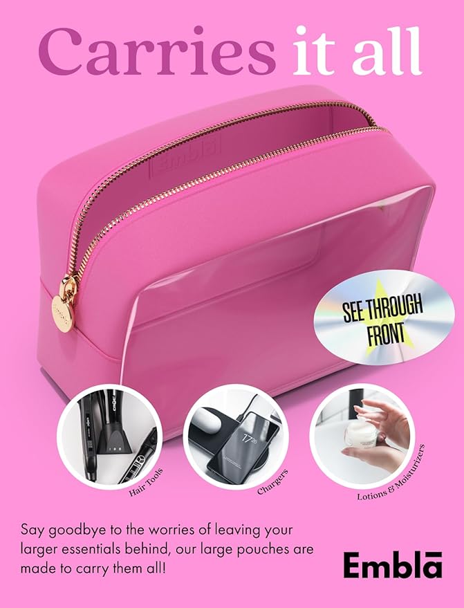 Embla Clear Large Makeup Bag Cute Big Make Up Nylon Pouches Travel Bathroom Bags for Toiletries XL Cosmetic Pouch for Women Girls Extra Large Zipper Toiletry Skincare Organizer Hot Pink