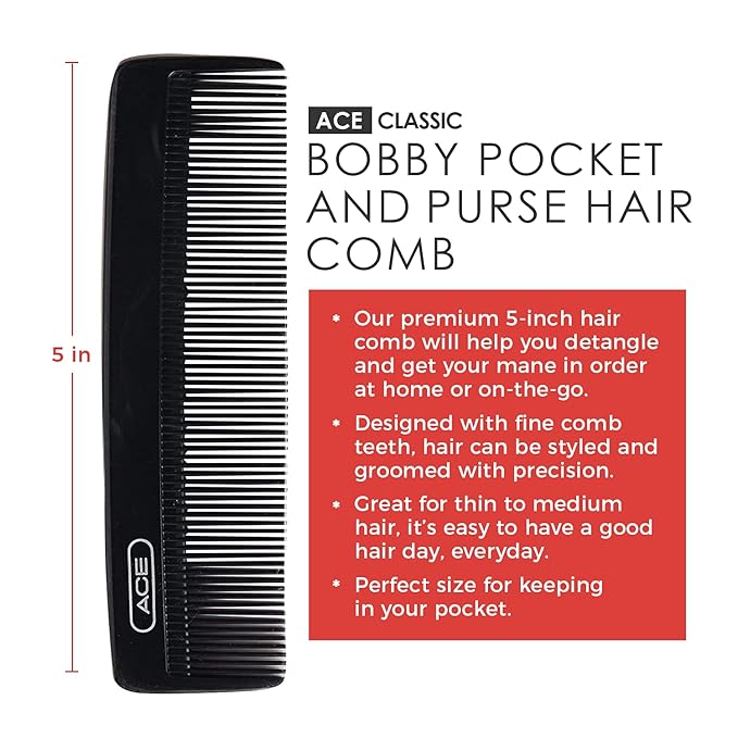 Goody Ace Classic Bobby Pocket and Purse Comb - 5 Inch, Black, Durable & Flexible Teeth, Suitable for All Hair Types, Fine Comb Teeth for Thin to Medium Hair
