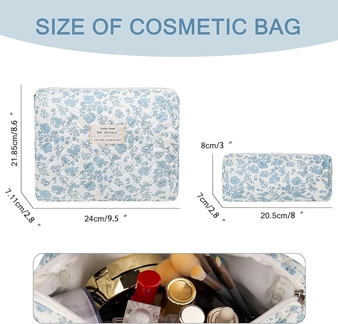 Gosect 2PC Makeup Bag Set, Cute Cosmetic Bag for Women Girls, Floral Coquette Aesthetic Toiletry Bag, Travel Make Up Organizer Bag (Black Rose)