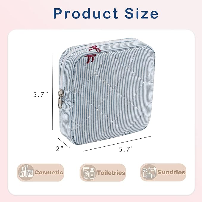 RSRSLEII Small Quilted Striped Cosmetic Pouch for Purse, Mini Cotton Makeup Bag with Compartments, Cute Zipper Lipstick Holder for Women (27 Thin Stripes)