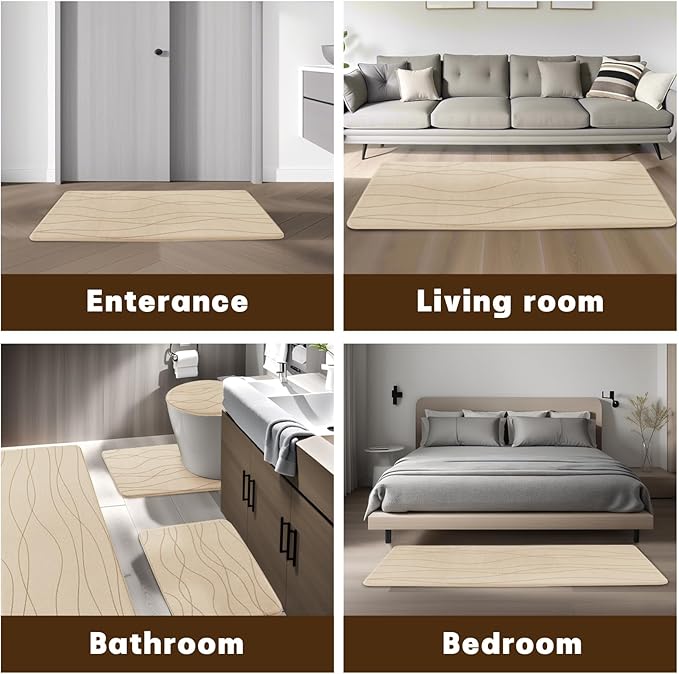 YIHOUSE Bathroom Rugs Set 3 Piece, Memory Foam Bath Mat Khaki