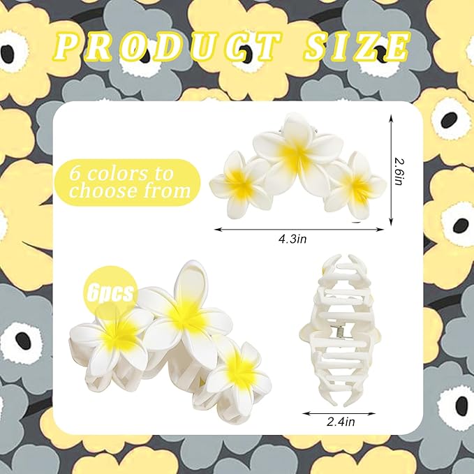 YONOY 6Pcs Flower Hair Clips for Women,Non-Slip Matte Flower Hair Clips for Women,Hawaiian Hair Flower Clip Large Plumeria Strong Hold Hair Claws Banana Cute Clip Beach Hair Accessories