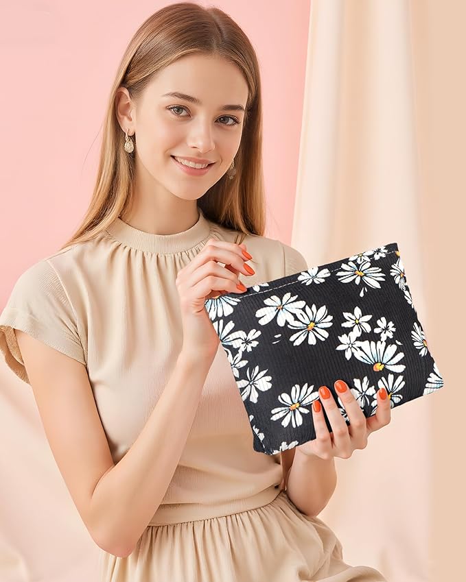 Ksriylm Cute Elegent Black Floral Flower Makeup Pouch for Women Small Make Up Bag for Purse Zipper Initial Makeup Cosmetic Bags Pouches for Purse Aesthetic Travel Toiletry Bags