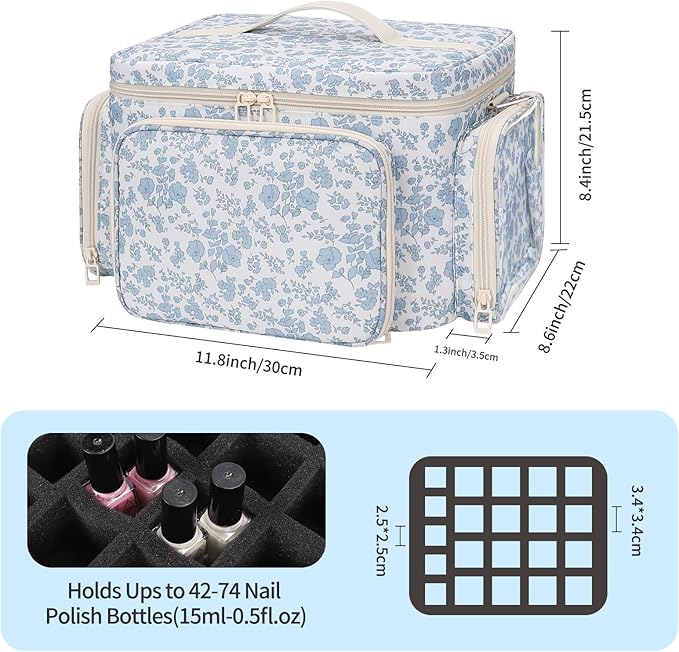 Bagmoly Nail Polish Organizer, Nail Polish Storage Holds 42+ Bottles & Nail Lamp, Portable Travel Nail Kit Storage Carrying Case Fits Nail Suppiles, Gift for Manicurist, Grils - Blue Flower